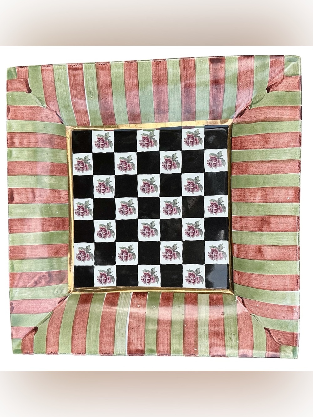 MacKenzie-Childs Aurora Palm + Devon Clay square platter 12x12